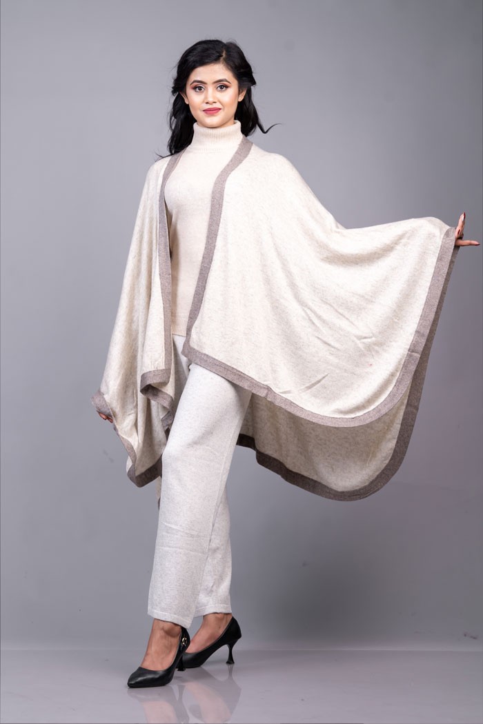 100% Pure Cashmere blanket Panchu White color with Brown edges